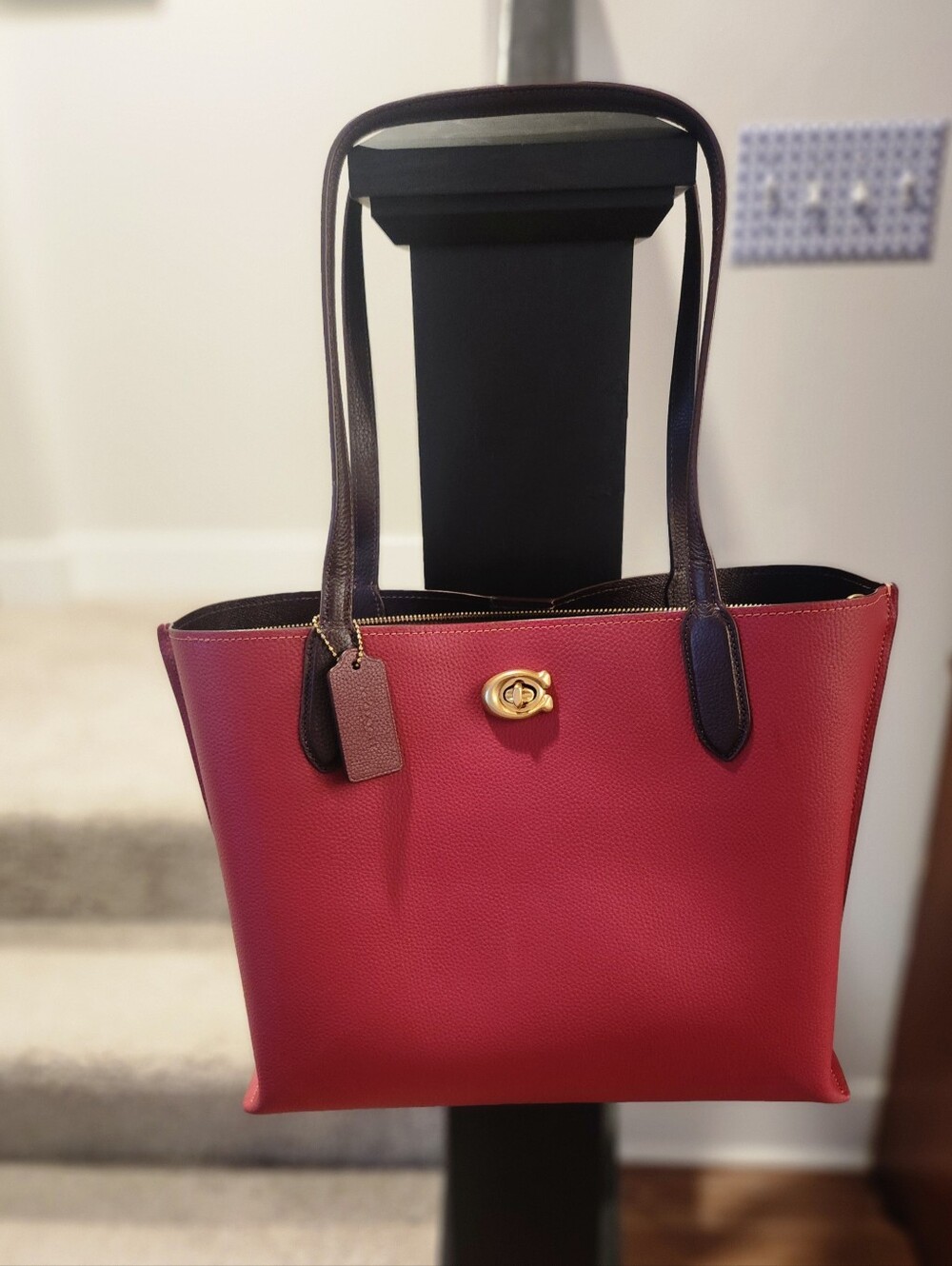 Coach C0692 Willow Pebble Leather Tote In Colorblock Brick Red Shoulder Bag